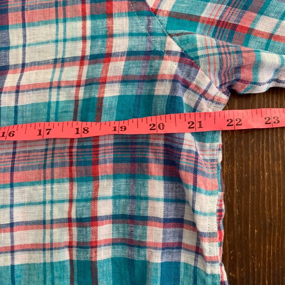Club Room Luxury‎ Mens Medium 100% Linen Plaid Button Down Shirt Teal Pink - Picture 6 of 7